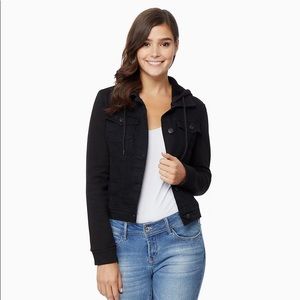 WallFlower Women's Juniors Instastretch Dreamer Hooded Knit-Sleeve Denim Jacket.
